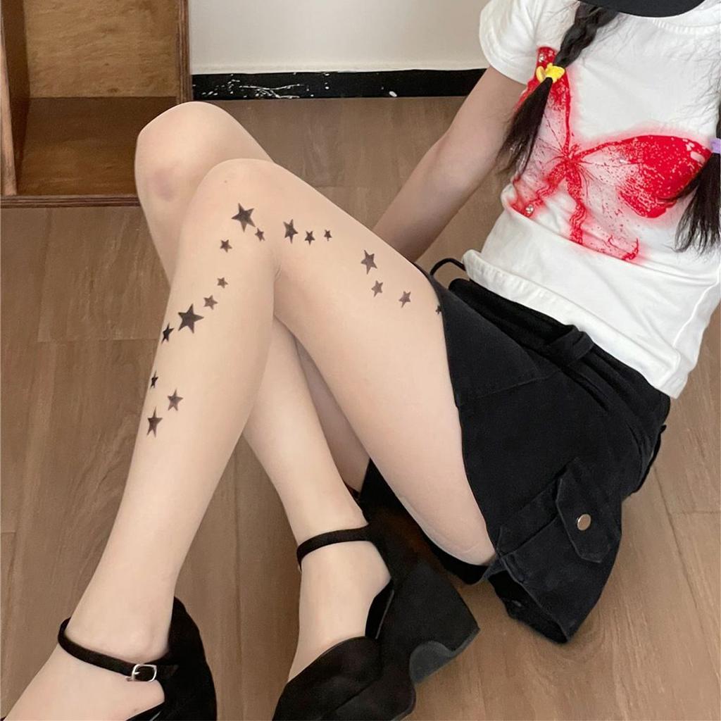 Star Print Thin Summer & Spring Stockings - Skin-Tone, See-Through, Cute & Versatile Tights