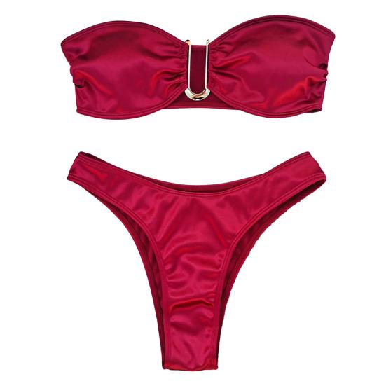2 Pcs/Set Women Summer Bikini Set Off Shoulder Strapless Satin Elastic Quick Dry Padded Wireless Hot