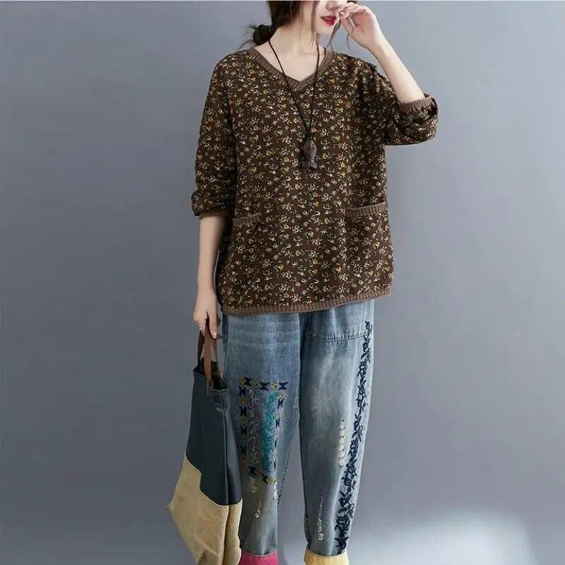 Maglietta Primaverile Taglia Forte da Donna Retro Floreale con Scollo a V a Maniche Lunghe Top Largo Versatile in Cotone e Lino