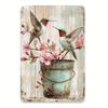Vintage Hummingbird Tin Sign Wall Art Metal Bucket Planter With Pink Flowers Rustic Bird Decor Home Cafe