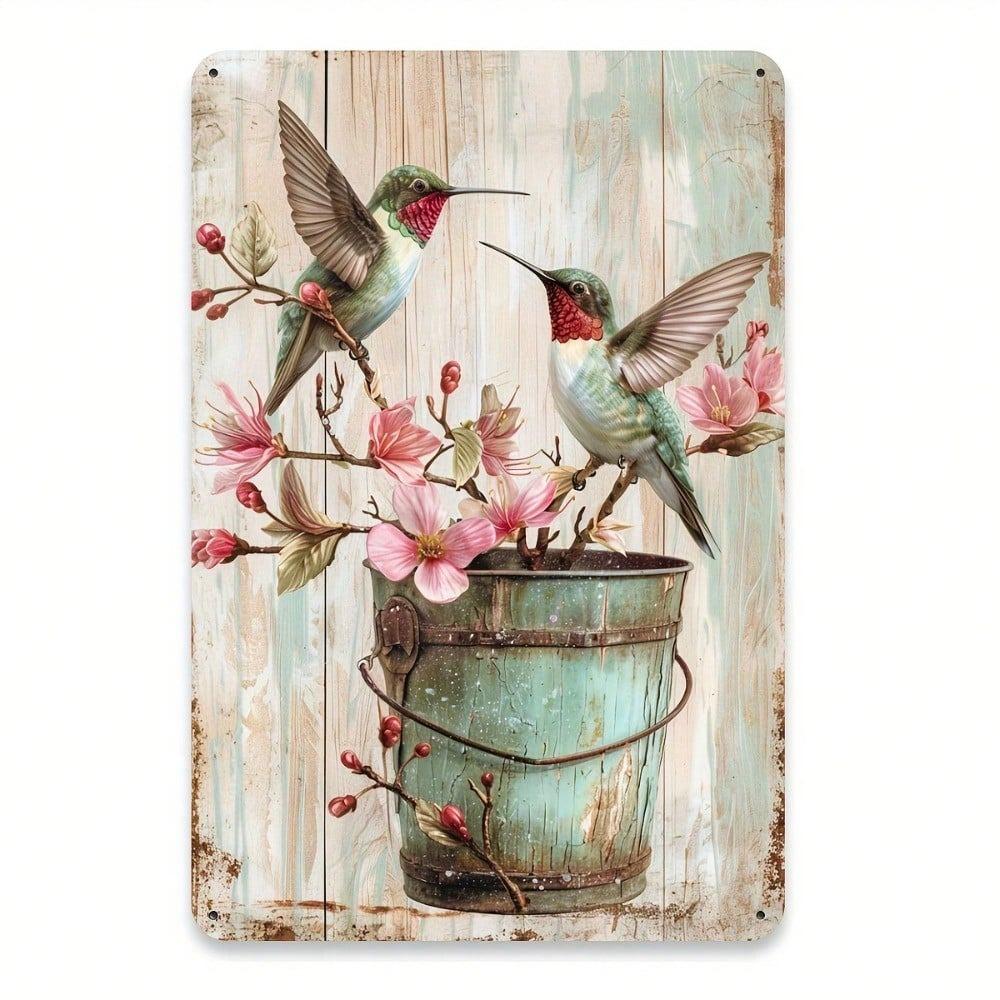 Vintage Hummingbird Tin Sign Wall Art Metal Bucket Planter With Pink Flowers Rustic Bird Decor Home Cafe