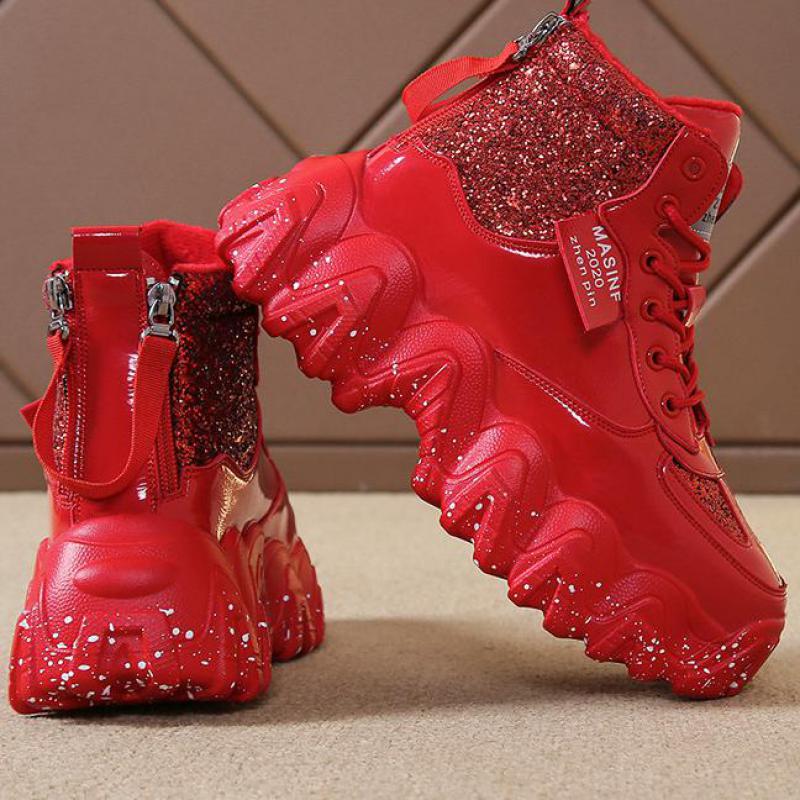 Winter Red Women Ankle Boots With Fur Platform High Top Women Shoes Thick Sole Leather Women Snow Boots Bling Ladies Casual Shoe