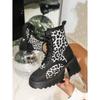 2025 Fall New Arrival Leopard Print Chunky Heel Ankle Boots for Women Lace-Up Thick Sole British Style Plus Size Fashion Boots