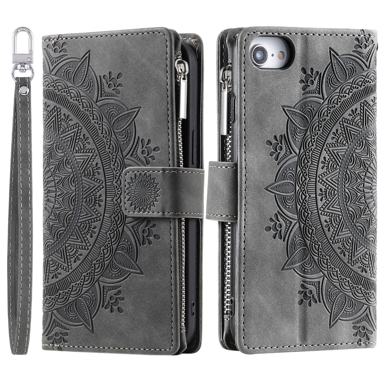 

Style 006 For iPhone 16e Wallet Case PU Leather Phone Cover Mandala Flower Pattern Grey