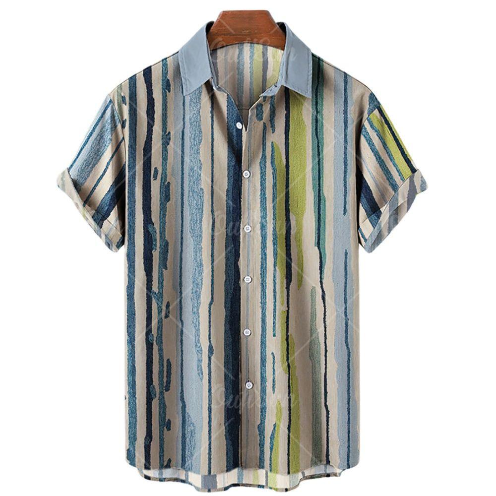 

Модные мужские полосатые рубашки на одной пуговице, уличная одежда, короткий рукав, свободный топ, блузка с 3D-цифровым принтом, размер плюс 5XL XL