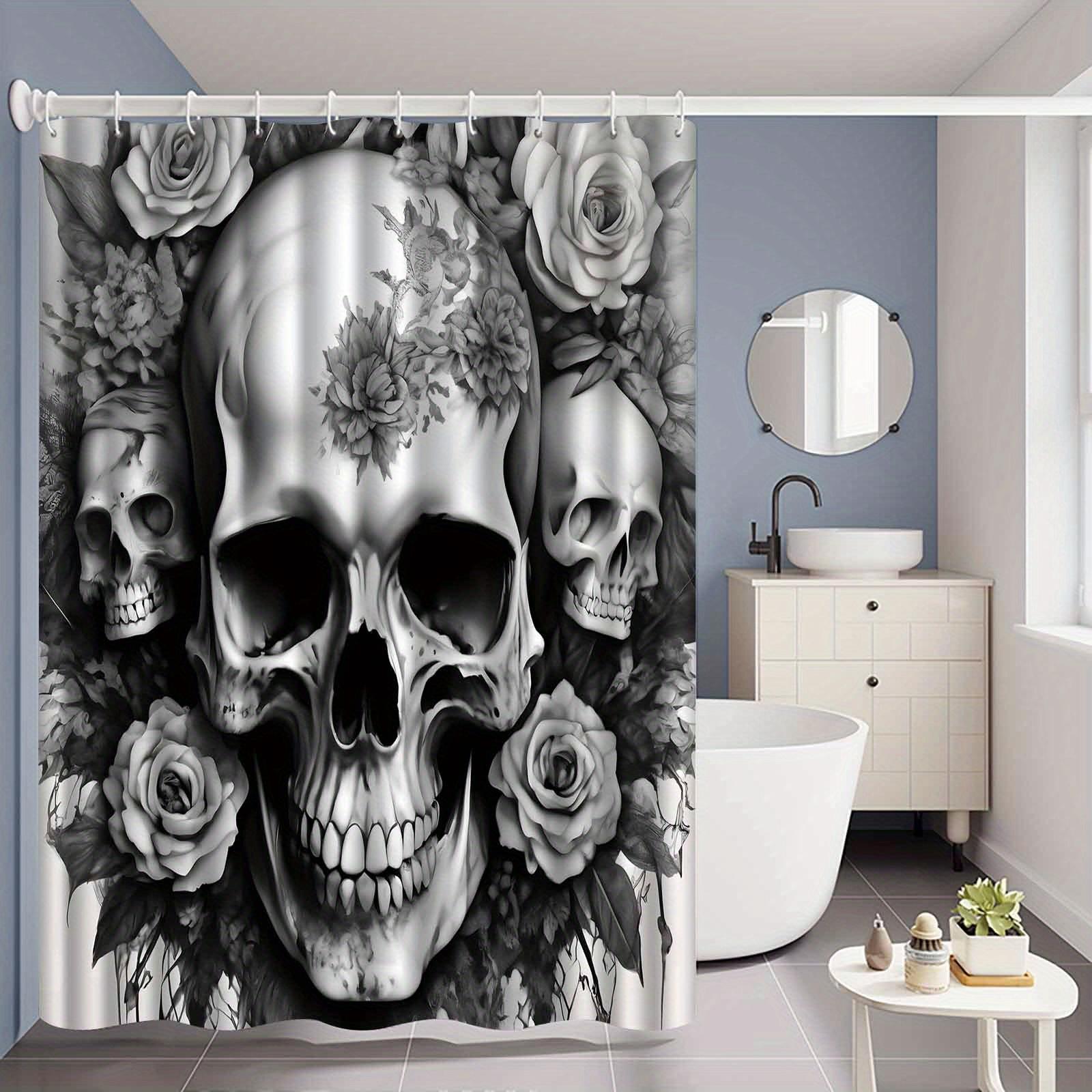 Jessica Chen Black/White Gothic Bathroom Curtain - & Skull Floral Shower Curtain With Monochrome Roses