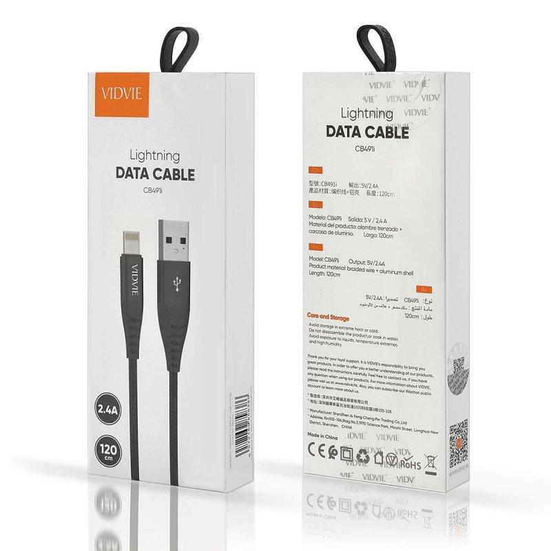 VIDVIE CB491 NYLON USB - Apple Lightning 2.4A Cable, 1.2m Black