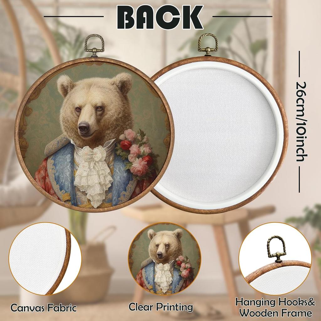 BCUANGD Vintage Animal Round Wall Art Decor - Retro Bear Neutral Wall Art Canvas Frame Artwork Prints, Rustic Moody Country Round Wall Hanging