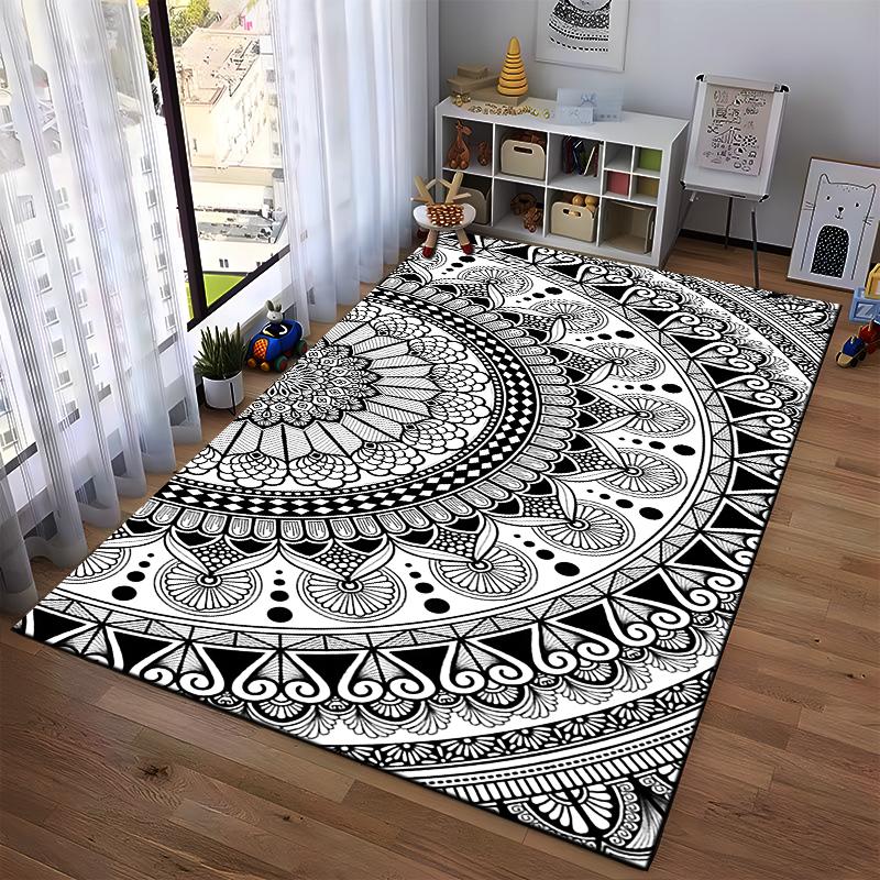 Mandala Pattern Black and White Rug Non-slip rug suitable for living room and bedroom sofas
