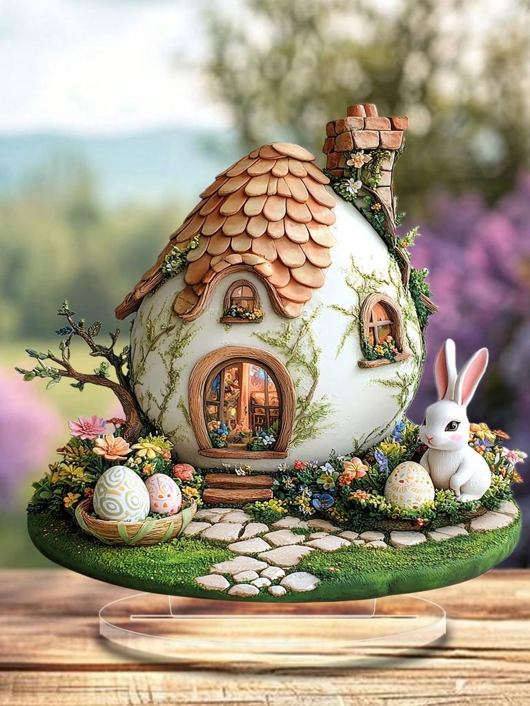 Easter Bunny and Bunny House Tabletop Decoration Ornament. Made of Acrylic, Suitable for Home and Office Decoration.