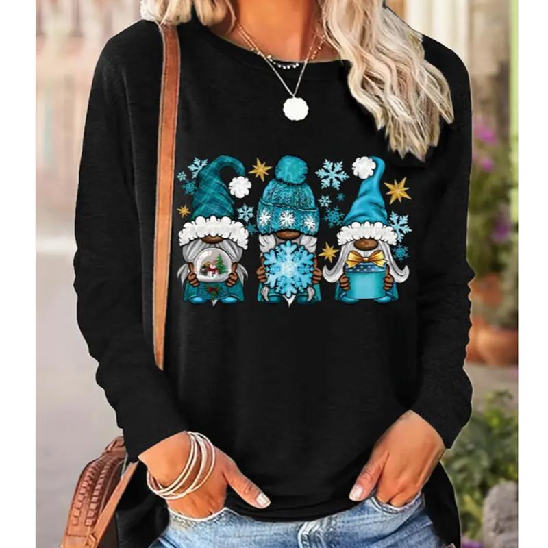 

2025 Autumn & Winter Women s New Casual Crew Neck Long Sleeve Top 3D Snowman Pattern XS синий