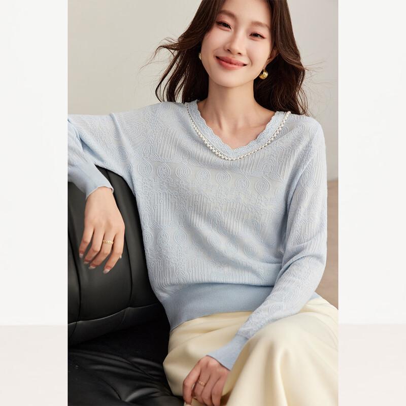 Elegant Beaded Jacquard V-Neck Wool Blend Knit Sweater