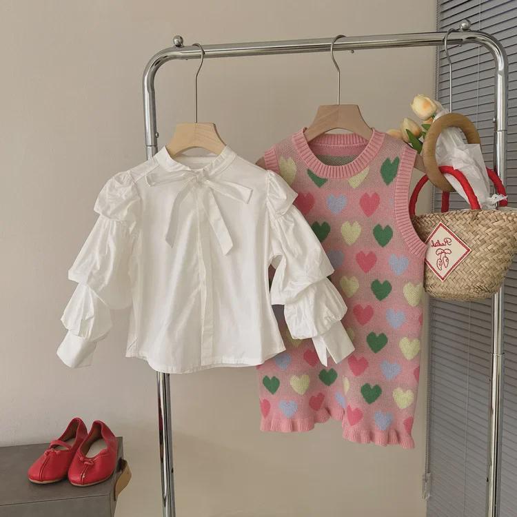 Dívčí pletené šaty s mašlí v korejském stylu s nabíranými rukávy - Jarní 2025 Princeznovská kolekce