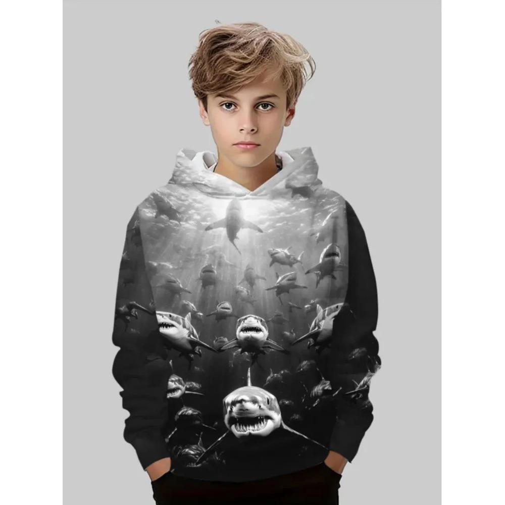 Autumn Winter Shark 3D Printed Hoodies Fashionable Casual Warm Sports Long Sleeved Children's Boy Hooded Sweatshirts