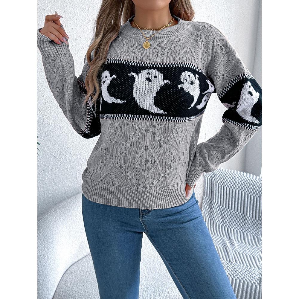 Autumn/Winter Women's Hoodie Halloween-themed Ghost Contrast-colour Long-sleeved Pullover Women's Knitted Sweater Top