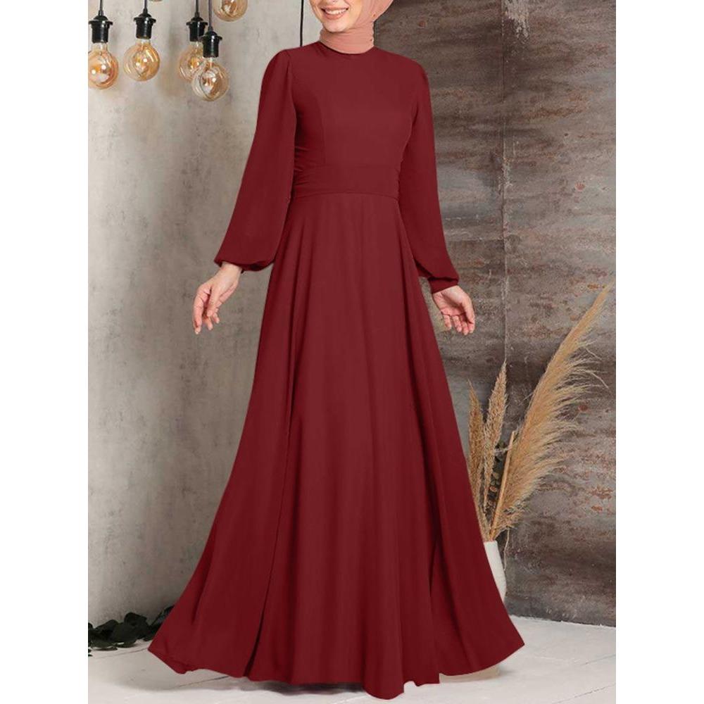 GMXIA Commuter Street Fashion High-waisted A Long Dress with Lantern Sleeves