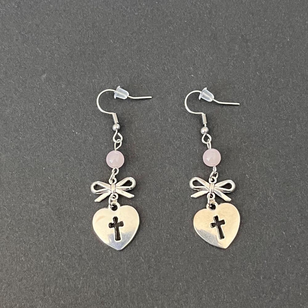 Gothic Romantic Pink Beads Sliver Color Bowknot Hollow Out Cross-shaped Heart Pendant Dangle Earrings for Women Y2k Jewelry Gift