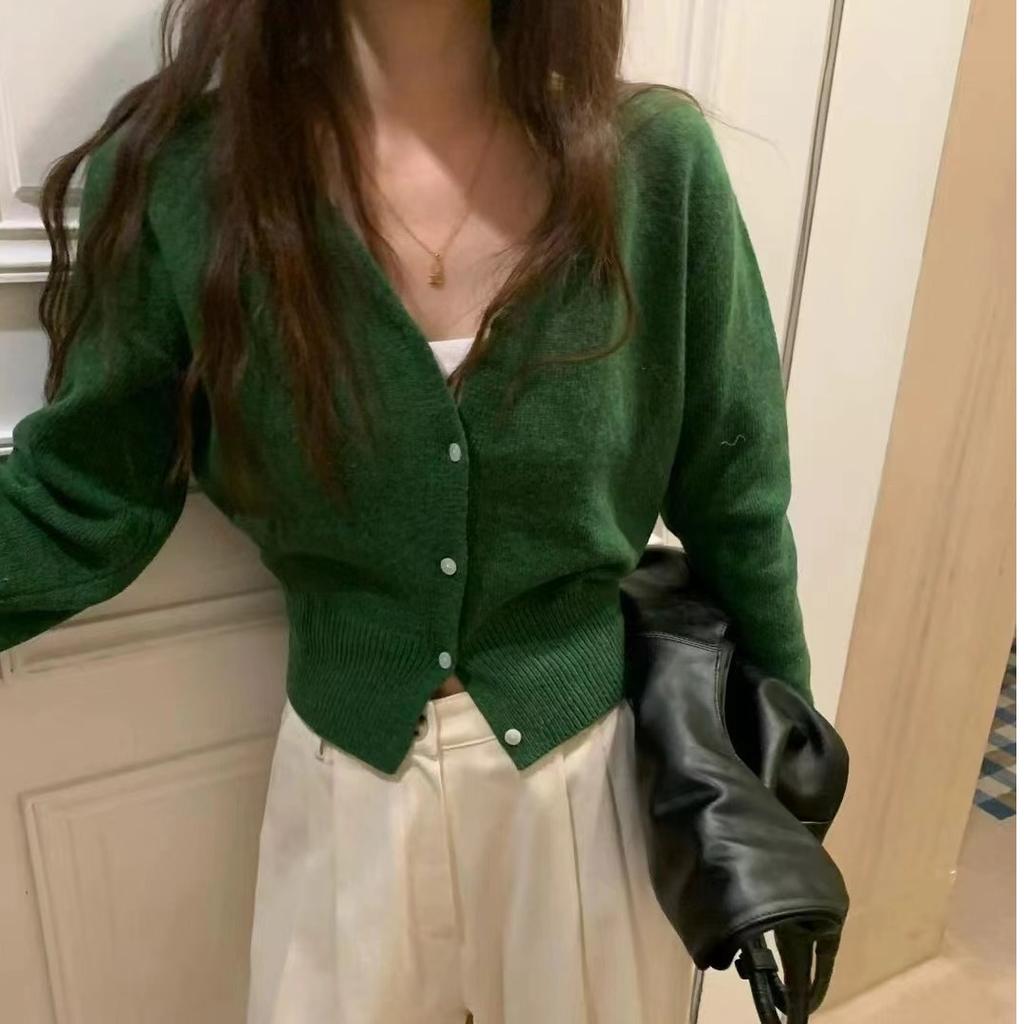 Korean Chic Knitted Bottoming Shirt Women Elegant New Short Cardigan Sweater Outerwear Sweet V-neck Long Sleeve Tops 2024 Autumn