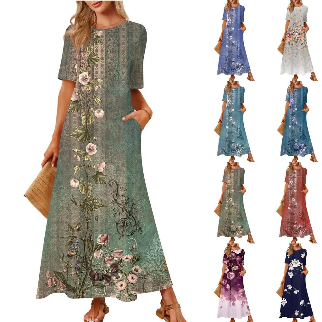 Women's Fashionable And Casual Long Beach Skirt Round Neck Short Sleeved Loose Retro Print Dress