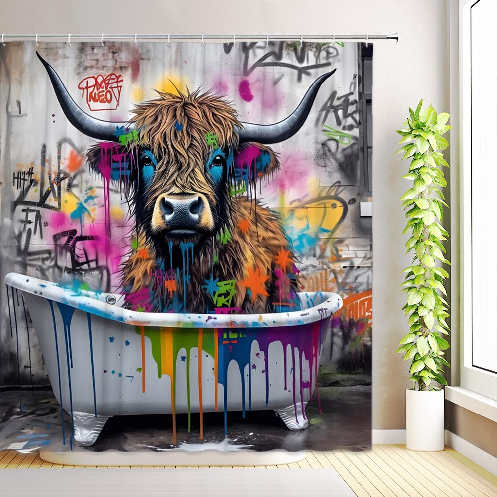 Funny Farmhouse Highland Cow Shower Curtain Love Heart Flowers Plants Cute Cattle Rustic Farm Animals Bathroom Decor with Hooks