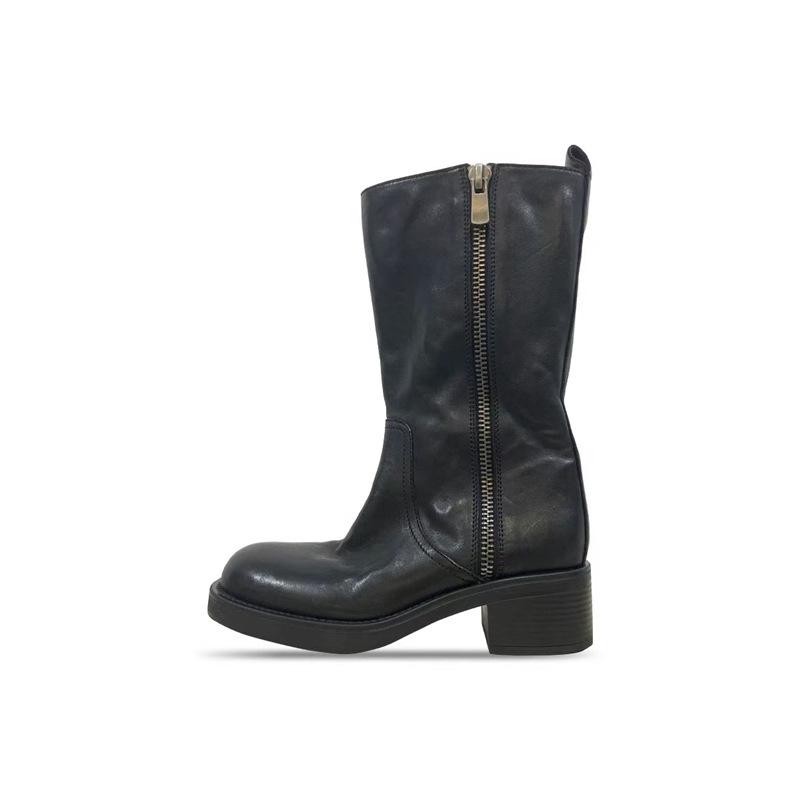 Washing Process Retro Autumn And Winter Knight Boots Women'S Medium Boots British Thick Heel Round Head Leather Side Zipper Fashion Riding Boots
