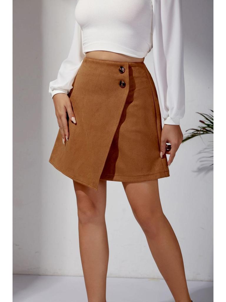 Suede Irregular Skirt Solid Color High-waisted Zipper Button Skirt Women