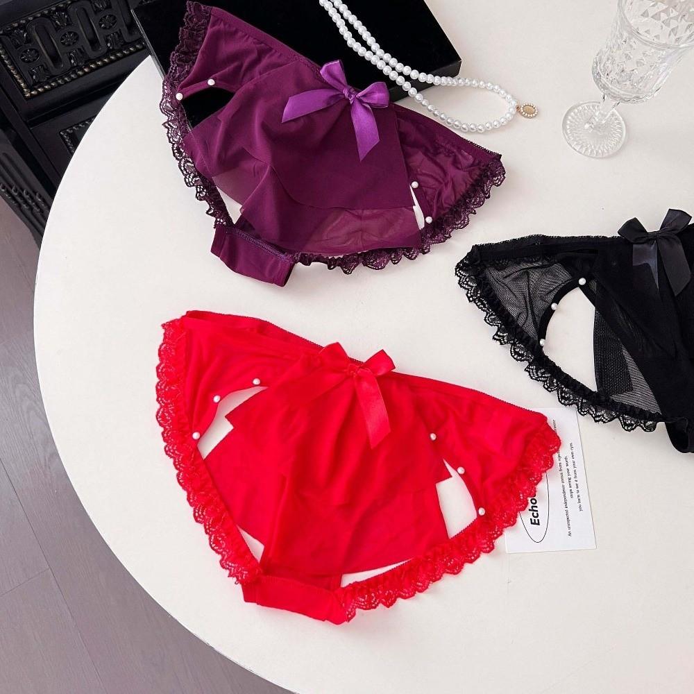 Low Waist Sheer Bow Lace Thong Bowknot Mesh Lace T Panties Lace Underwear  Home