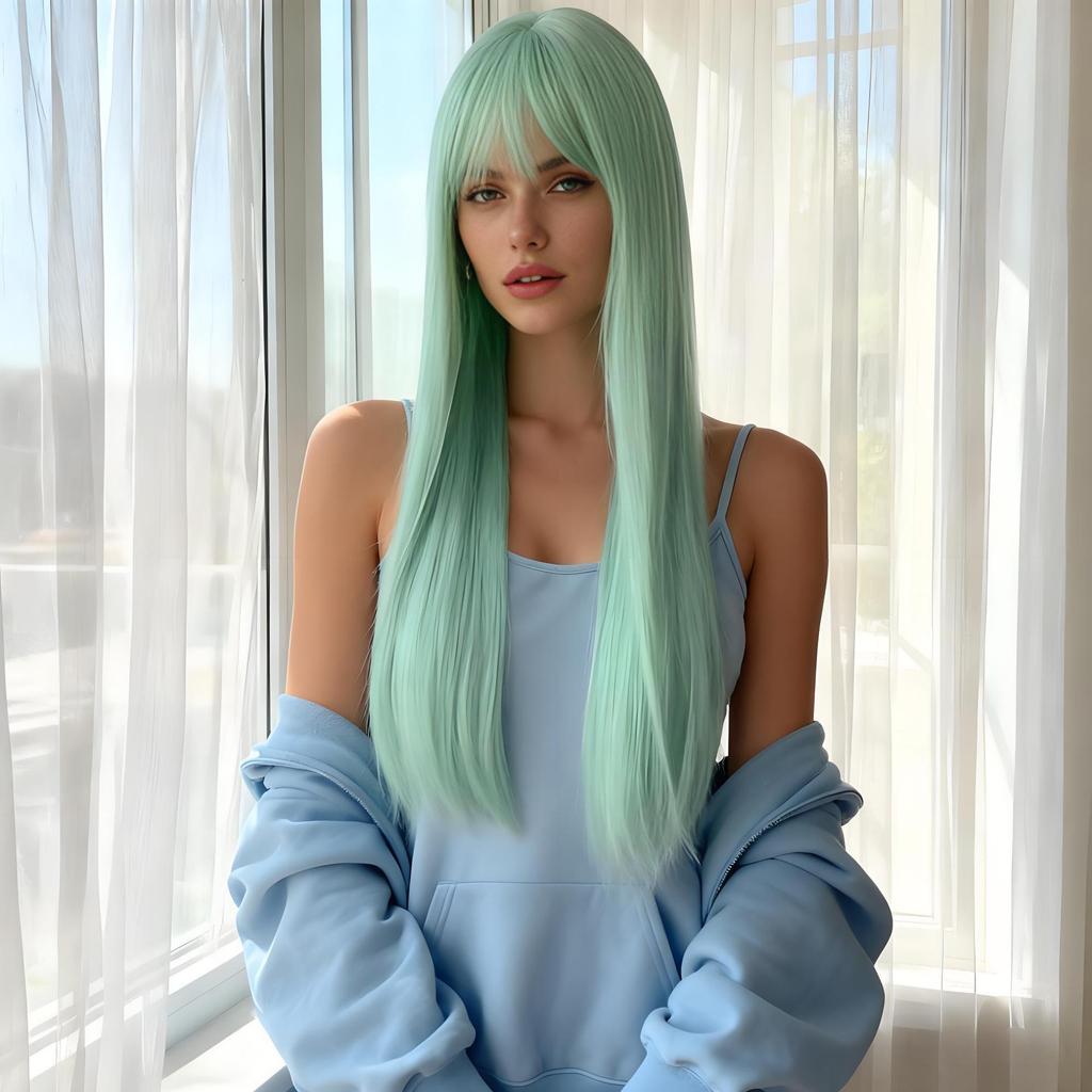 Minzgrüne Lange Gerade Anime Cosplay Perücke mit Luftigem Pony für Damen