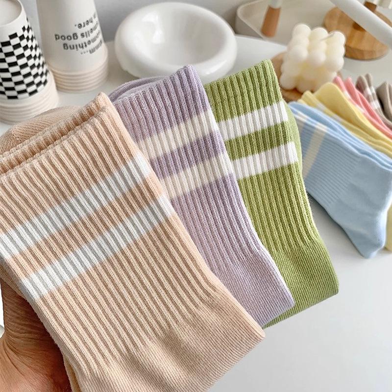 Women's Breathable Antibacterial Candy Color Mid-Calf Cotton Socks with Stripes