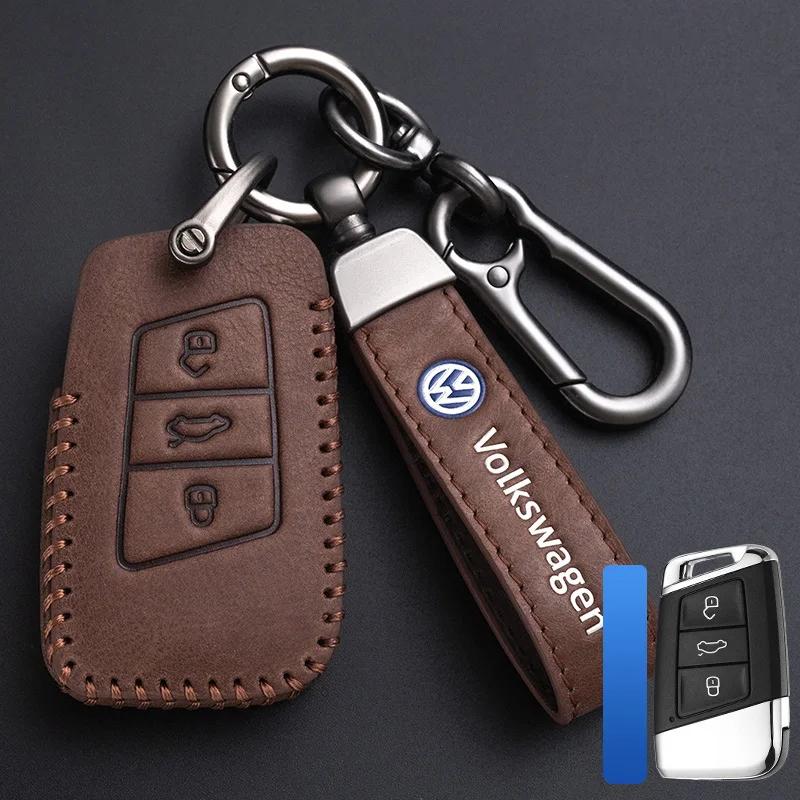 Valve Stems Caps For VOLKSWAGEN VW Leather Car Remote Key Case Cover Protection Holder Shell Fob For VW Volkswagen Golf 7 MK7 Ti RC6