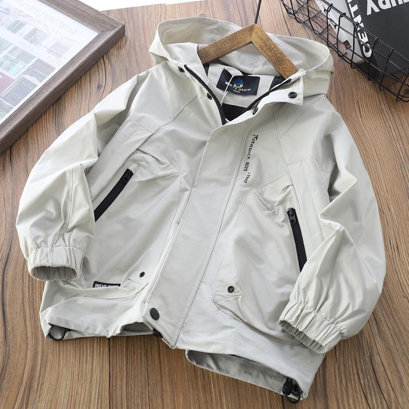 

Осенняя ветрозащитная куртка для мальчиков 2025 года с рукавами на манжетах - Ветровка с капюшоном для подростков 130 cm серый