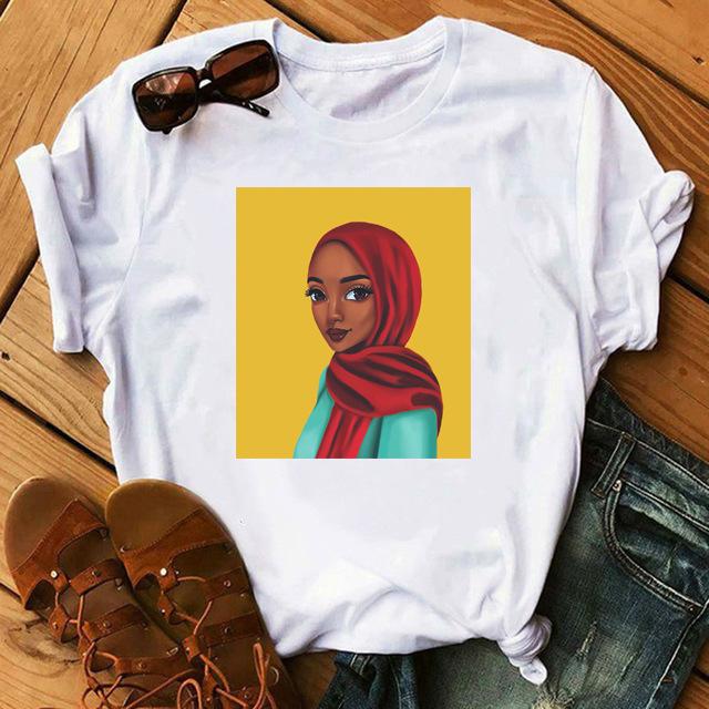 Casual Cute Sexy Curly Hair Girls Graphics Women T-Shirts Summer Tees Loose Short Sleeves Blouse White O-Neck Ladies Top Clothes