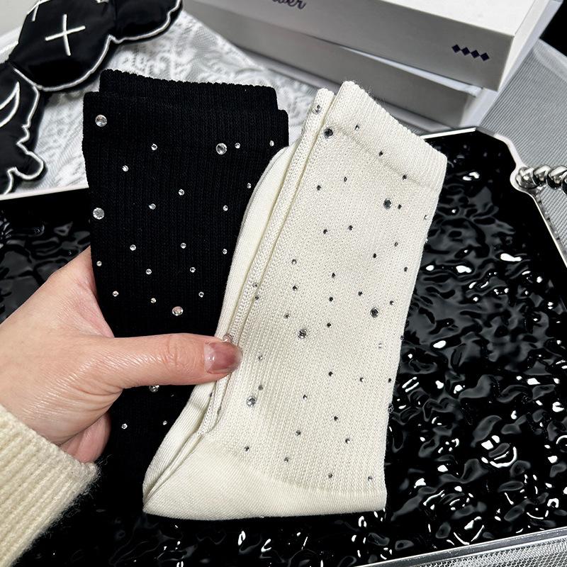 1/2/4Pairs Bright Diamond Tide Socks Diamond Luxury Rhinestone Medium Tube Women's Socks Four Seasons Fashion Cotton Hosiery