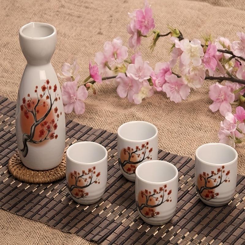 Ceramics Bar Set Japanese Sake Set with Four Wine Cups Hand Painted Safflower Porcelain Style Pottery Gift