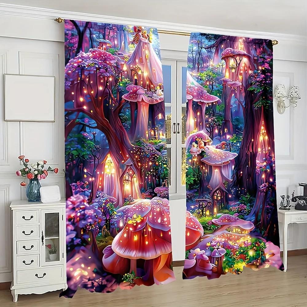 2pcs Dreamy Mushroom Floral Curtains   Polyester   Home Decor   Rod Pocket   Window Treatment for Living Room   Kids Room