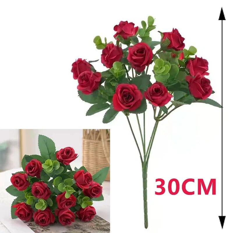 Artificial Flowers Bouquet White Red Rose Eucalyptus Leaves Wedding Decoration Peony Fake Flower For Party Home Decor Outdoor