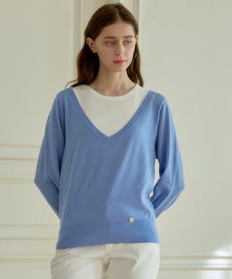 Hillioteu Deep V-Neck Sleeveless Knit Set_Blue