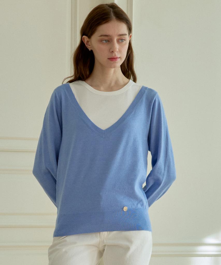 Hillioteu Deep V-Neck Sleeveless Knit Set_Blue