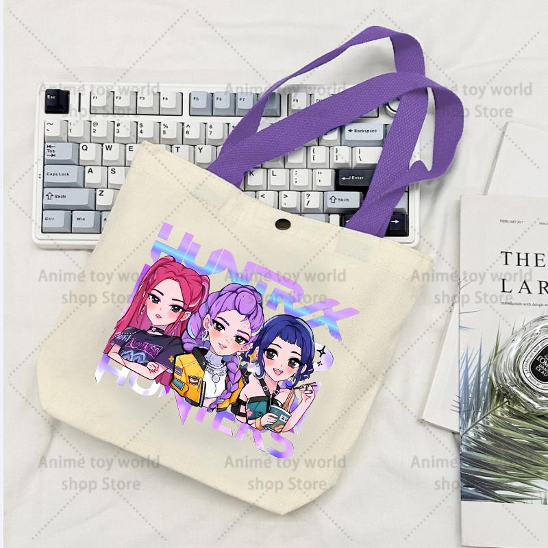 KPop Demon Hunters GIRLS Canvas Shopping Bags Women Cotton Tote Bags Reusable Cartoon Letter Shoulder Bag Grocery Handbag Beige