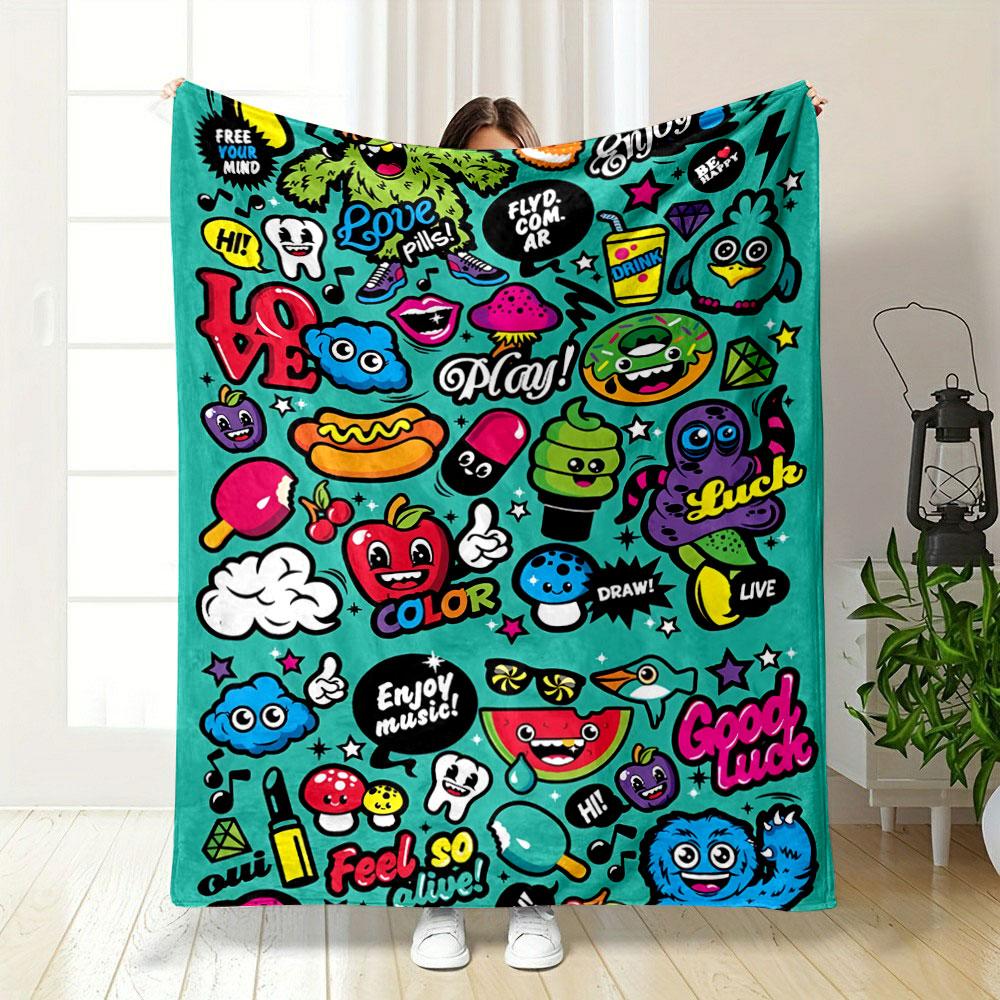 Colorful Cartoon-style Doodles and Text with Playful and Lively Designs. for All Seasons Blanket Lunch Break Throw Gift