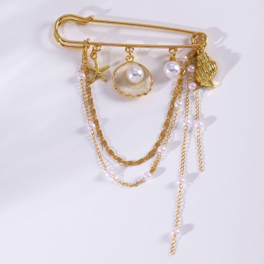 Gold Color Shell Pendant Brooch Metal Chain Tassel Starfish Brooch Pin  Beach Vacation