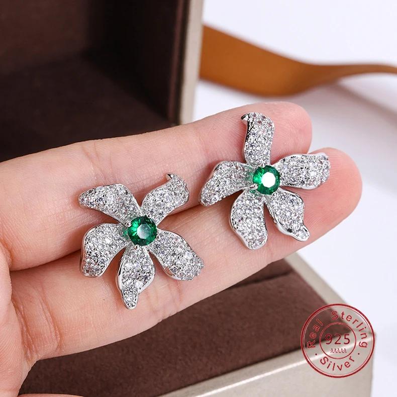 New Simulated Emerald Crystal Flower Stud Earrings for Women Gift Fashion  Sterling Silver  Zirconia Leaves Earrings