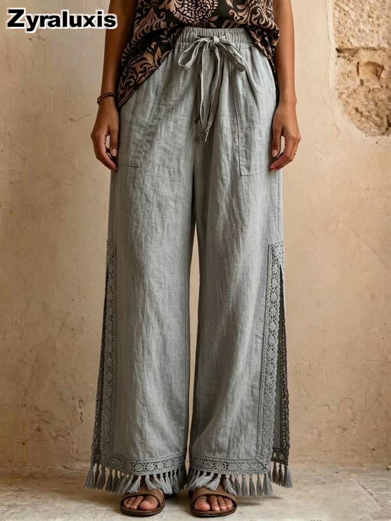 Summer Linen Cotton Side Slit Ruffles Bohemian Wide Leg Pants