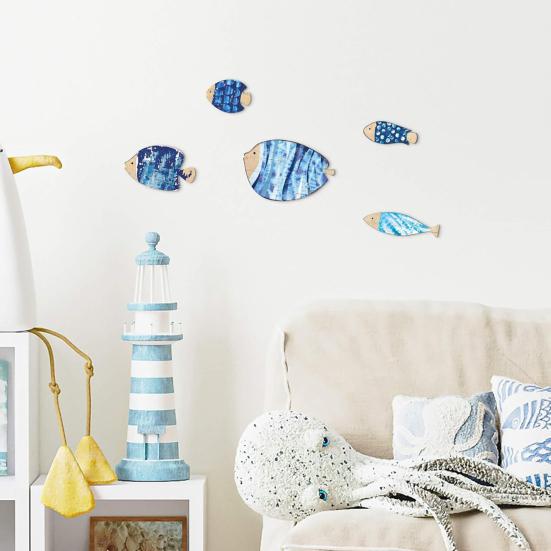 5Pcs/Set Wooden Fish Wall Decoration Farmhouse Rustic Nautical Blue Fish Wall Art Sculpture Home Living Room Bathroom Wall Decorative Sign