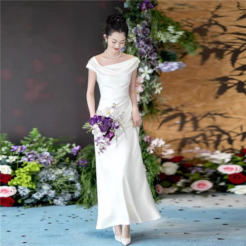 High Shine Satin Floor Length Formal Dress Ladies Off Shoulder Fold Collar Mermaid Evening Wedding Gown