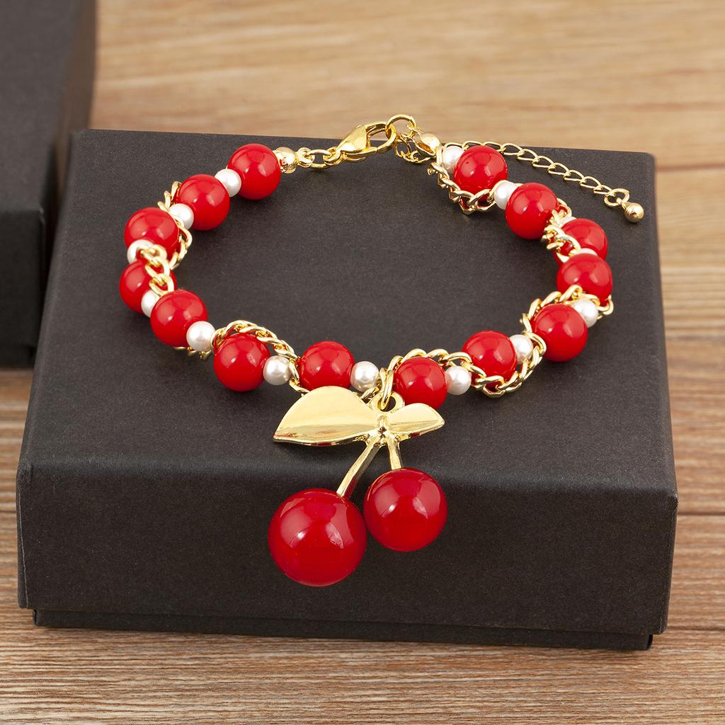 Nidin Fashion Cherry Shape Heart Red Beads Chain Bracelet For Women 3 Styles Choice Daily Versatile Jewelry Accessories Gifts