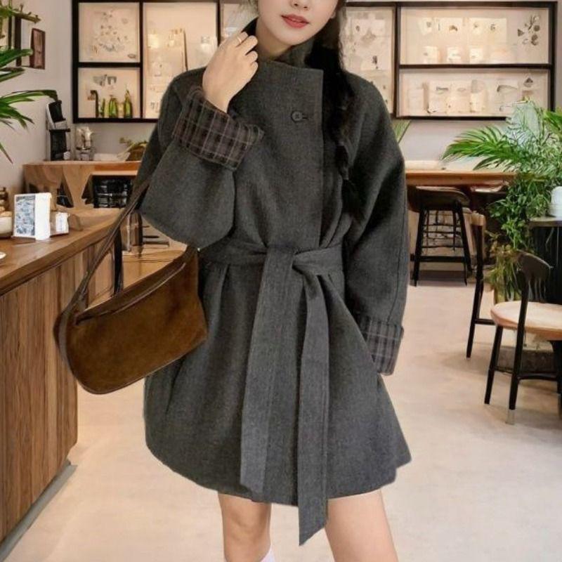

Women s Korean Style Plaid Patchwork Wool Trench Coat - Spring/Autumn Slimming Outerwear S 40-52.5 kg