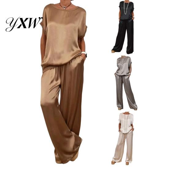 Women Satin Outfit 2 Pcs/Set Top Pants Set Round Neck Half Sleeves Blouse Elastic Waist Trousers Wide Leg with Pockets Daily Leisure Loose Solid Color