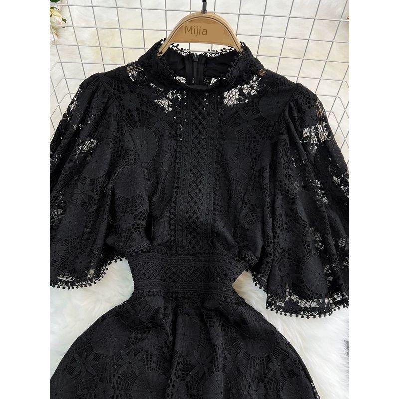 Fancy Accessible Luxury Graceful Puff Sleeve Stand-up Collar Cinched A- Line Cut Out Lace Dress Elegance Dress Long Skirt