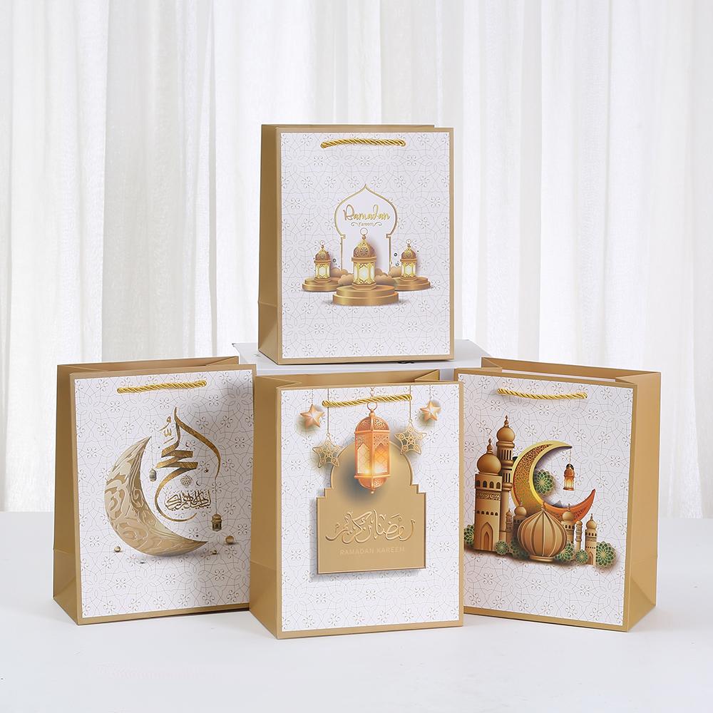 

12pcs Eid Mubarak gift bags Islamic paper gift bags with golden lantern mosque designs for Ramadan gifting 12pcs&18x10x23cm